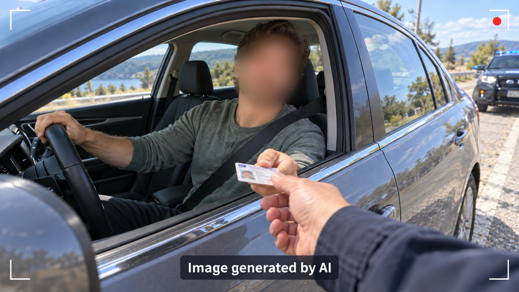 AI-generated illustration of a traffic stop seen from an officer's body-worn camera